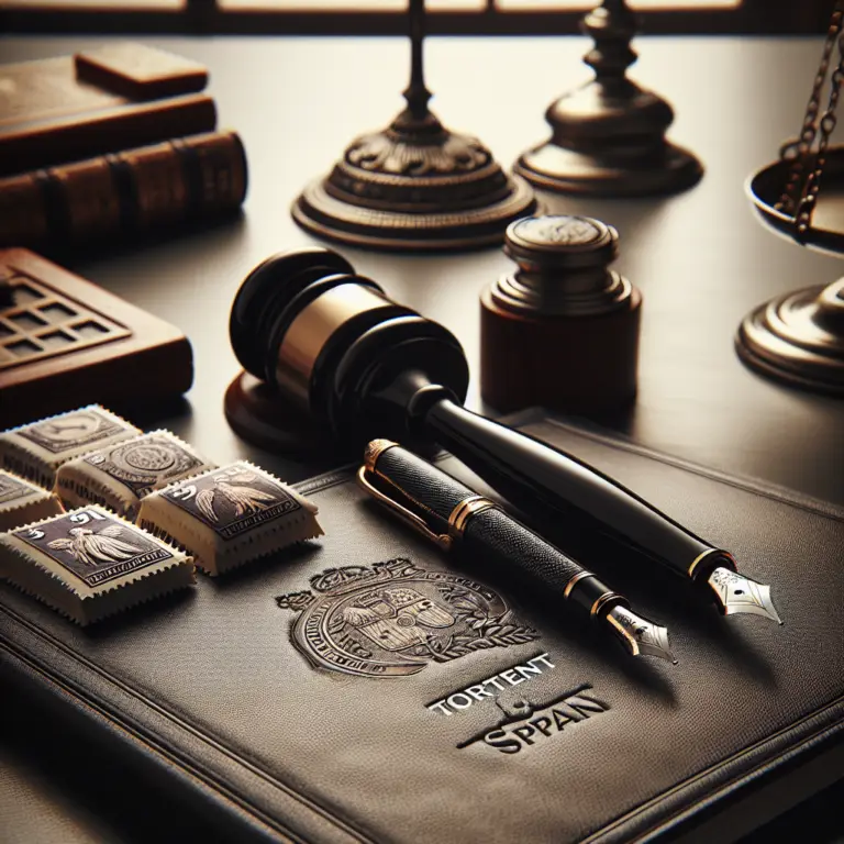 Gavel, pluma estilográfica y documentos legales sobre una mesa con elementos de oficina.